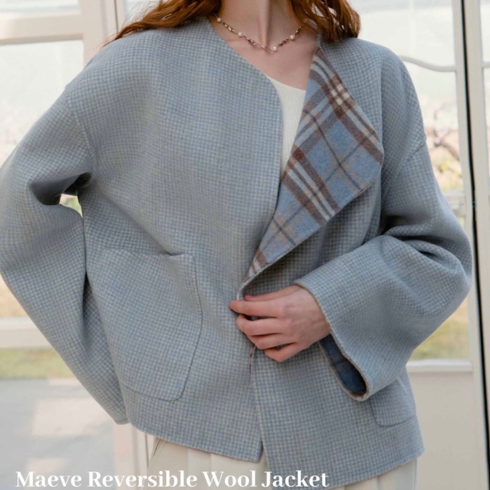 Petite Studio Maeve Reversible Wool Jacket in Blue Plaid/Grid, XS